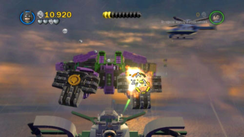 At the beginning of the mission just shoot down enemy choppers and planes and aim at the underbelly point of Joker's robot (picture) - they will be marked - Down to Earth - Walkthrough - LEGO Batman 2: DC Super Heroes - Game Guide and Walkthrough
