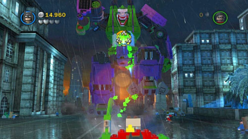 When enemy is hurt start shooting to his chest (picture) until the orange bar decreased to zero - Core Instability - Walkthrough - LEGO Batman 2: DC Super Heroes - Game Guide and Walkthrough