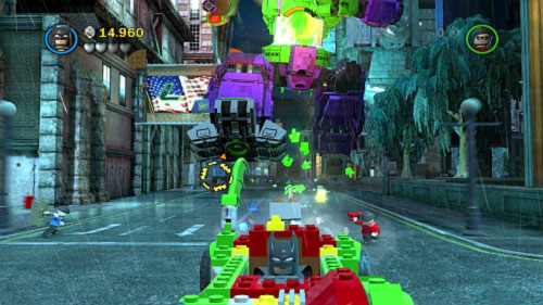 #04 - On one of the buildings on the left side you will see advertisement with big green L, destroy it - Core Instability - Minikits - LEGO Batman 2: DC Super Heroes - Game Guide and Walkthrough