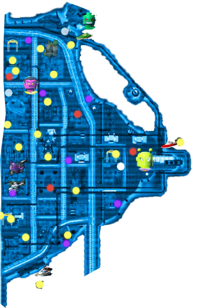 Sector E - Maps - gold bricks, red bricks, citizens in peril, bosses, terminals, vehicles - Minikits - LEGO Batman 2: DC Super Heroes - Game Guide and Walkthrough