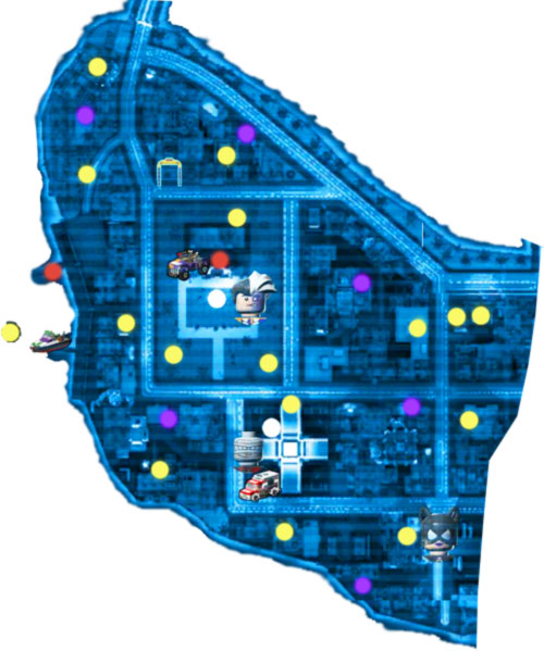 Sector F - Maps - gold bricks, red bricks, citizens in peril, bosses, terminals, vehicles - Minikits - LEGO Batman 2: DC Super Heroes - Game Guide and Walkthrough