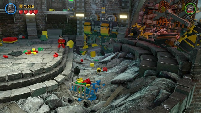 Once you manage to open the water-gate, jump down and start smashing the objects that were previously flooded - Pursuers in the Sewers - Walkthrough - LEGO Batman 3: Beyond Gotham - Game Guide and Walkthrough