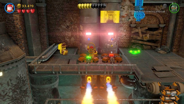 Go up while smashing all the objects on the way, and stand on the first mechanism on the left, then jump on the one on the right (marked with red light) - Pursuers in the Sewers - Walkthrough - LEGO Batman 3: Beyond Gotham - Game Guide and Walkthrough