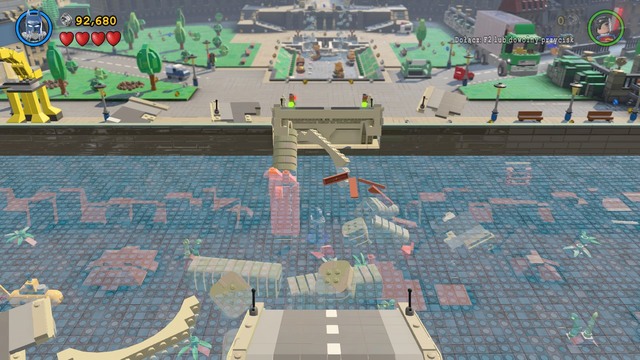 Wear the Scuba Suit, jump in the water and destroy two bridge supports in order to create a way into the city - Europe Against It - Walkthrough - LEGO Batman 3: Beyond Gotham - Game Guide and Walkthrough
