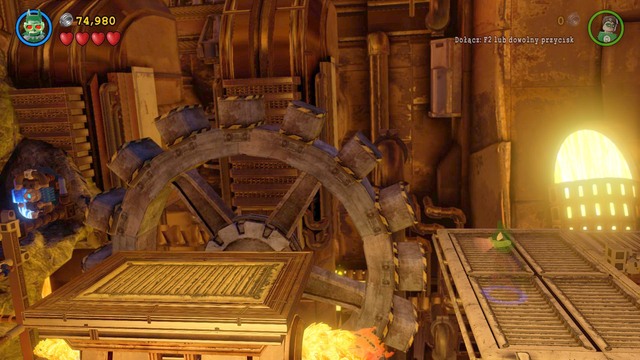 When you get to the upper level, wait for a good moment to make a jump (a perfect moment is right after the wheel spins) - Aw-Qward Situation - Walkthrough - LEGO Batman 3: Beyond Gotham - Game Guide and Walkthrough