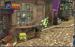 Slytherin (green): Right after getting onto the Diagon Alley, approach the first window on the left and wave to the woman behind the window - Bonuses - Year 1 - Walkthrough - LEGO Harry Potter: Years 1-4 - Game Guide and Walkthrough