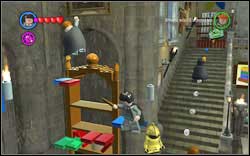 Use (WL) on the bookshelf and jump to the very top, where you will help a student - Bonuses - Hogwarts - Walkthrough - LEGO Harry Potter: Years 1-4 - Game Guide and Walkthrough