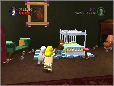 As Indy, push the white bed to the right side, jump on it with the help of a red chair and jump on the wooden platform on the right side - Chapter 2 - Pankot Secrets - part 2 - The Temple of Doom - LEGO Indiana Jones: The Original Adventures - Game Guide and Walkthrough
