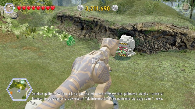 After repairing the dinosaur generator, select the tyrannosaurus and walk to the rock shown on the picture - Gallimimus Territory - Jurassic Park - secrets in free roam - LEGO Jurassic World - Game Guide and Walkthrough