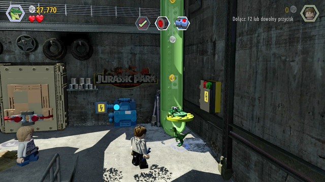 After you pour the fuel into the tank, walk over to the higher section of the room and approach the spot shown in the screenshot, as Zach - Out of Bounds - Jurassic World - walkthrough - LEGO Jurassic World - Game Guide and Walkthrough