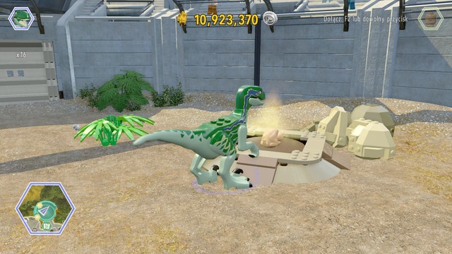 As raptor, walk to the chicken on the right side and follow his smell - East Boardwalk - Jurassic World - secrets in free roam - LEGO Jurassic World - Game Guide and Walkthrough