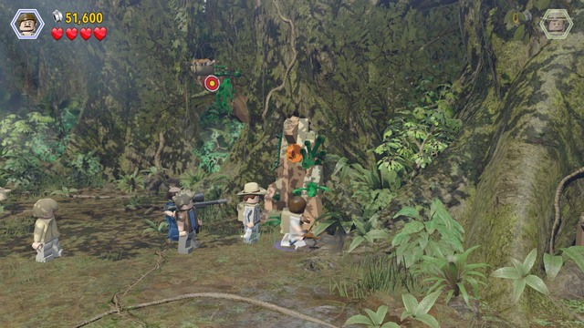 As Grant, approach the blocked passage and cut through the plants next to the tree trunk - Spinosaurus - Jurassic Park III - walkthrough - LEGO Jurassic World - Game Guide and Walkthrough
