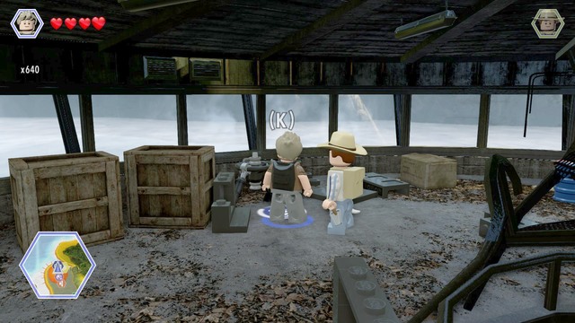 As raptor, walk to the lever shown on the picture and pull it to receive the golden brick - InGen Facility - Jurassic Park III - secrets in free roam - LEGO Jurassic World - Game Guide and Walkthrough