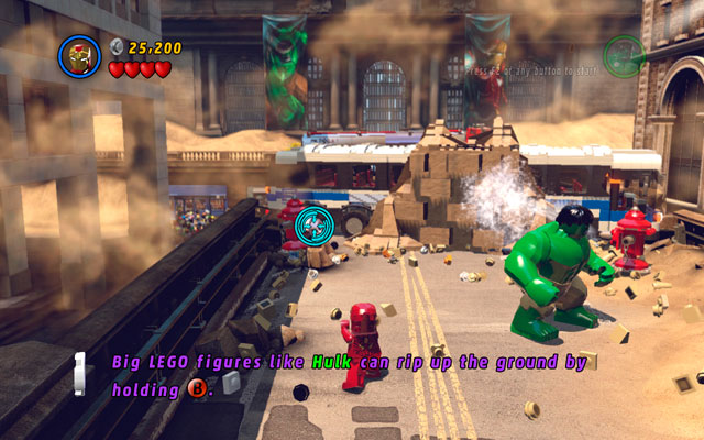When you reach to the place with red hydrants, use Iron Man's ability to shoot at the silver valves (notice that only characters with missile attack can destroy silver bricks - Sand Central Station - Walkthrough - LEGO Marvel Super Heroes - Game Guide and Walkthrough