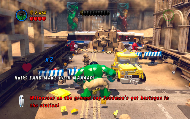 Beginning of the stage is pretty simple - destroy all obstacles standing on your way and then reach the wall with two hydrants on both sides of the street - Sand Central Station - Walkthrough - LEGO Marvel Super Heroes - Game Guide and Walkthrough