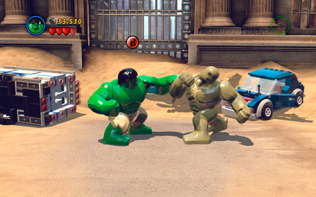 Duel is very easy - constantly mash attack button and when characters change their position, hit interaction button as fast as you can - Sand Central Station - Walkthrough - LEGO Marvel Super Heroes - Game Guide and Walkthrough