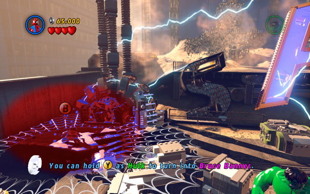 Turn yourself into Iron Man and destroy silver barriers on the left - Sand Central Station - Walkthrough - LEGO Marvel Super Heroes - Game Guide and Walkthrough