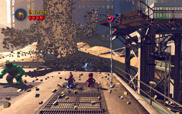 On the right side of the sand giant you will find silver obstacle, which only Iron Man can destroy - Sand Central Station - Walkthrough - LEGO Marvel Super Heroes - Game Guide and Walkthrough