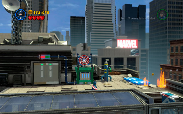 Standing there destroy all obstacles in the area, building a lift control machine from the debris - Times Square Off - Walkthrough - LEGO Marvel Super Heroes - Game Guide and Walkthrough