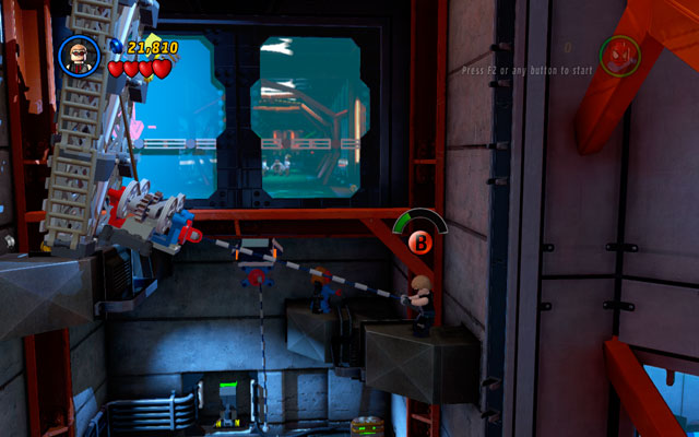 Choose Hawkeye and shoot an arrow at the silver vent at the top of the location - you will create a rope-passage for other characters - Exploratory Laboratory - Walkthrough - LEGO Marvel Super Heroes - Game Guide and Walkthrough