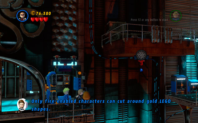 Switch into Hawkeye and shoot an arrow at the red attachable point, located on the platform on the right - Red Head Detention - Walkthrough - LEGO Marvel Super Heroes - Game Guide and Walkthrough