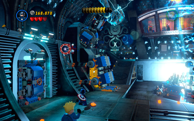 When the stage is partially clear (notice that enemies will appear endlessly), turn to the left and search for some bricks scattered under the cannon - Red Head Detention - Walkthrough - LEGO Marvel Super Heroes - Game Guide and Walkthrough