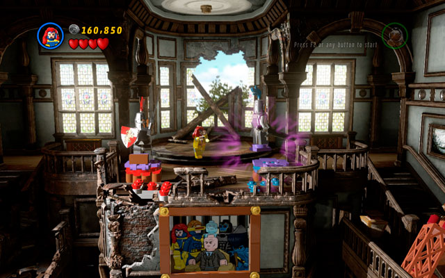 In the next room defeat all thugs, then switch into Storm and fly on the stairs on the right side of the room, extinguishing the fire in that way - Juggernauts and Crosses - Walkthrough - LEGO Marvel Super Heroes - Game Guide and Walkthrough