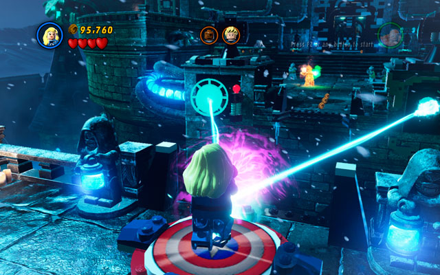 Choose the Thing and lift up a crate with green handles (it is standing on the right side of the roof), then throw it at the pillar on the opposite side of the gap - Doctor in the House - Walkthrough - LEGO Marvel Super Heroes - Game Guide and Walkthrough
