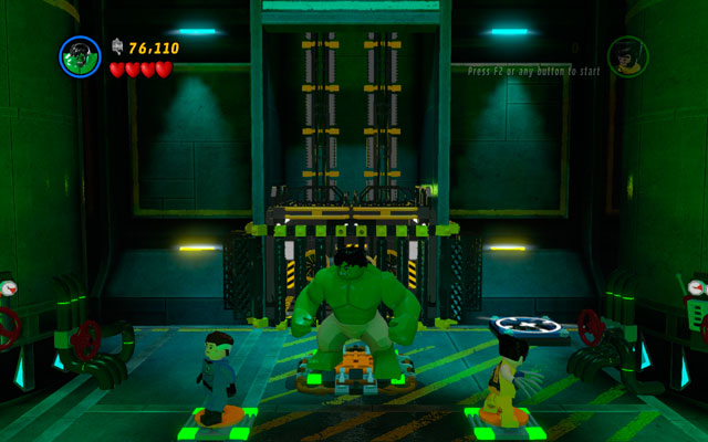 When all your heroes are standing at the opposite side of the acid container, you can use three panels to call a lift - Taking Liberties - Walkthrough - LEGO Marvel Super Heroes - Game Guide and Walkthrough