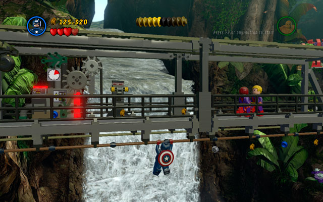 Go to the guarded bridge, then choose Captain America and turn to the right - Rapturous Rise - Walkthrough - LEGO Marvel Super Heroes - Game Guide and Walkthrough