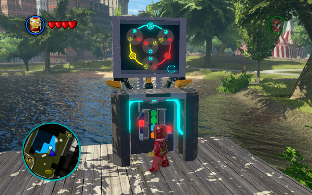 At the objective approach to the platform standing at the lake and use Spider-Man's spider sense to uncover a computer - New York - Walkthrough - LEGO Marvel Super Heroes - Game Guide and Walkthrough