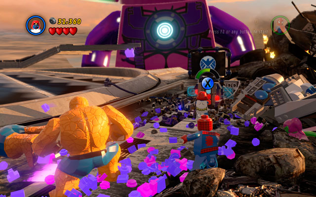 Choose the Thing again and approach to the jet crushed on the right side, then throw it away - The Good, the Bad and the Hungry - Walkthrough - LEGO Marvel Super Heroes - Game Guide and Walkthrough