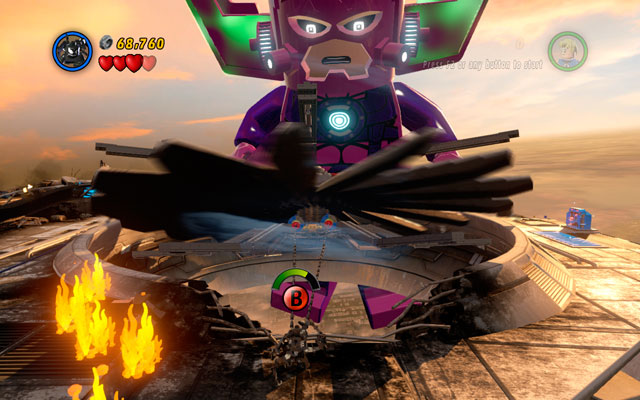 Turn right and melt golden boiler, then switch into Venom and jump over the flames, so you can use a spider sense near to the rotors - The Good, the Bad and the Hungry - Walkthrough - LEGO Marvel Super Heroes - Game Guide and Walkthrough