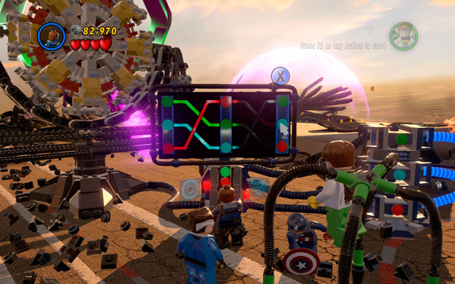 Use a computer to resolve the riddle - you must arrange all buttons to fit each other (click on every column two times to do that) - The Good, the Bad and the Hungry - Walkthrough - LEGO Marvel Super Heroes - Game Guide and Walkthrough