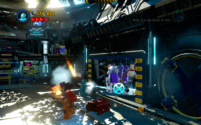 When the enemy is blinded, switch into Iceman and approach to the wall on the right so you can extinguish all fires - Juggernaut - Boss fights - LEGO Marvel Super Heroes - Game Guide and Walkthrough
