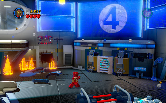 In the same room turn right and use Iron Man's rockets to destroy silver bars located there - Times Square Off - Minikit Sets - LEGO Marvel Super Heroes - Game Guide and Walkthrough