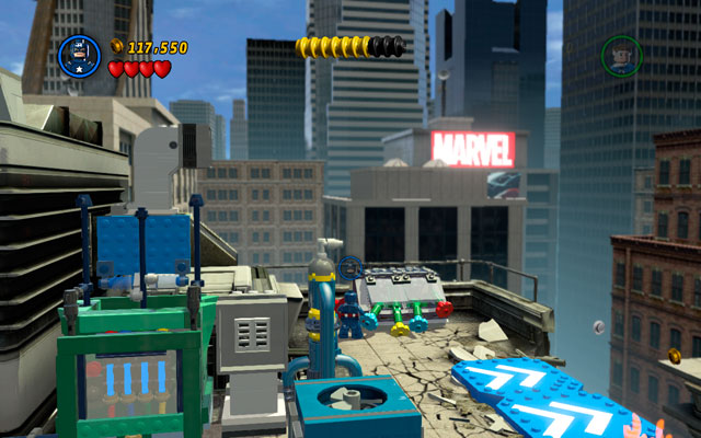 Fourth is located on the roof of the building, in which Captain America had to jump between two walls (colored in white and blue) - Times Square Off - Minikit Sets - LEGO Marvel Super Heroes - Game Guide and Walkthrough