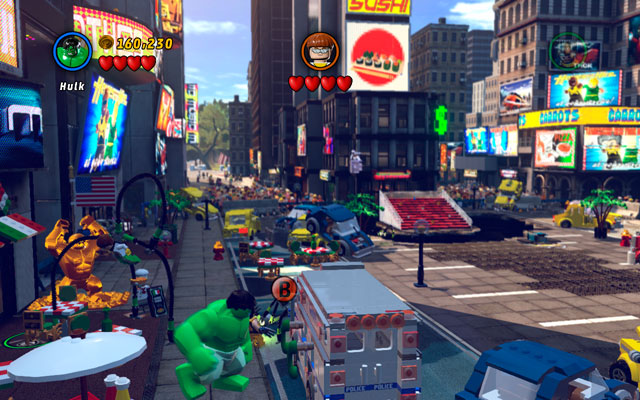 During the fight with Doctor Octopus choose a big character (like Hulk) and lift up the police van standing on the left - Times Square Off - Minikit Sets - LEGO Marvel Super Heroes - Game Guide and Walkthrough