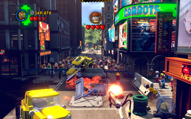 Go to the opposite corner of the arena and look for the silver car - Times Square Off - Minikit Sets - LEGO Marvel Super Heroes - Game Guide and Walkthrough