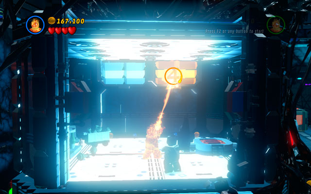On the same floor turn left and enter the big shining room with the red button hidden inside - Exploratory Laboratory - Minikit Sets - LEGO Marvel Super Heroes - Game Guide and Walkthrough
