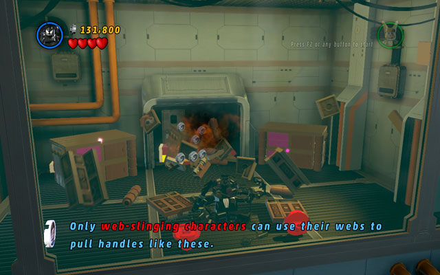 In the room hidden behind the blue-and-white wall choose a character with a web attack and yank two attachable points hanged on the wall - Rebooted, Resuited - Minikit Sets - LEGO Marvel Super Heroes - Game Guide and Walkthrough