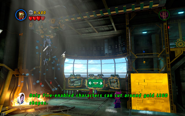 After the first use of the computer (at the beginning of the stage) use it once more to move a fire extinguisher to the left side of the room (click on the left arrow on the monitor) - That Sinking Feeling - Minikit Sets - LEGO Marvel Super Heroes - Game Guide and Walkthrough