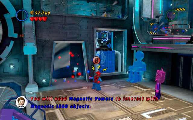 In the same place choose Spider-Man and use spider sense to uncover a passage to the upper floor - Magnetic Personality - Minikit Sets - LEGO Marvel Super Heroes - Game Guide and Walkthrough