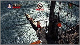 Use the female character to get on the mast using the double jump (with a little help of a green plank and a chain) - The Black Pearl Attacks - walkthrough - The Curse of the Black Pearl - LEGO Pirates of the Caribbean: The Video Game - Game Guide and Walkthrough