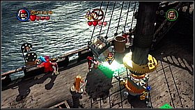 From the mast jump on the chain and throw down the gray cube - The Black Pearl Attacks - walkthrough - The Curse of the Black Pearl - LEGO Pirates of the Caribbean: The Video Game - Game Guide and Walkthrough