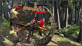 In the scene with the wheel you need to hit the brown beam which shows up in every turn - the best way is to do it using Will's ax (repeat as long as you need) - Isla Cruces - walkthrough - Dead Man's Chest - LEGO Pirates of the Caribbean: The Video Game - Game Guide and Walkthrough