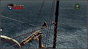 At the top of the mast use the narrow path where the rope leads - destroy the handle to get down - Kraken - walkthrough - Dead Man's Chest - LEGO Pirates of the Caribbean: The Video Game - Game Guide and Walkthrough
