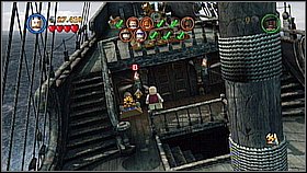 Go on the main deck and release the pirates tied to the mast (shoot at the chain with Marty's gun) - Davy Jones Locker - walkthrough - At World's End - LEGO Pirates of the Caribbean: The Video Game - Game Guide and Walkthrough