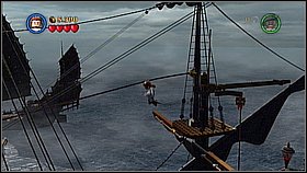 Climb on the mast on the right[1] and use the rope to get down - Maelstrom - walkthrough - At World's End - LEGO Pirates of the Caribbean: The Video Game - Game Guide and Walkthrough