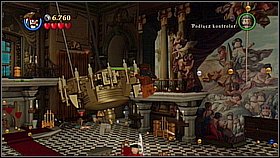 Get on the table and move the piece of the statue towards the swinging chandelier - London Town - walkthrough - On Stranger Tides - LEGO Pirates of the Caribbean: The Video Game - Game Guide and Walkthrough